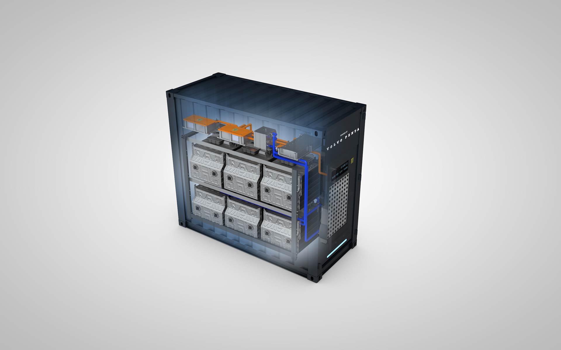 Genomskärningsbild av Aiab Energys BESS-batterisystem med batterimoduler och elektronik.